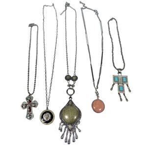 Lot of 5 Southwestern Bohemian Necklaces Chains Silver Tone Cross Round Designs